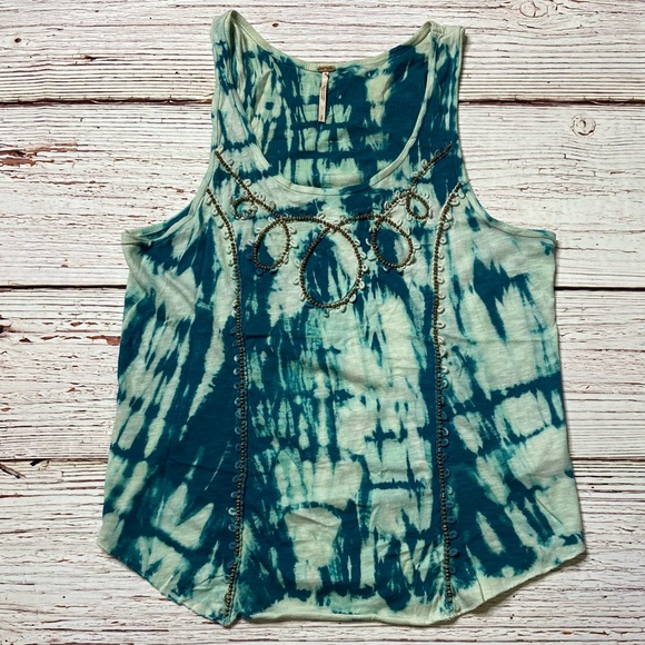 Free People Everything Zen Teal Tie Dye Beaded Tank Top Sz S - Picture 6 of 14